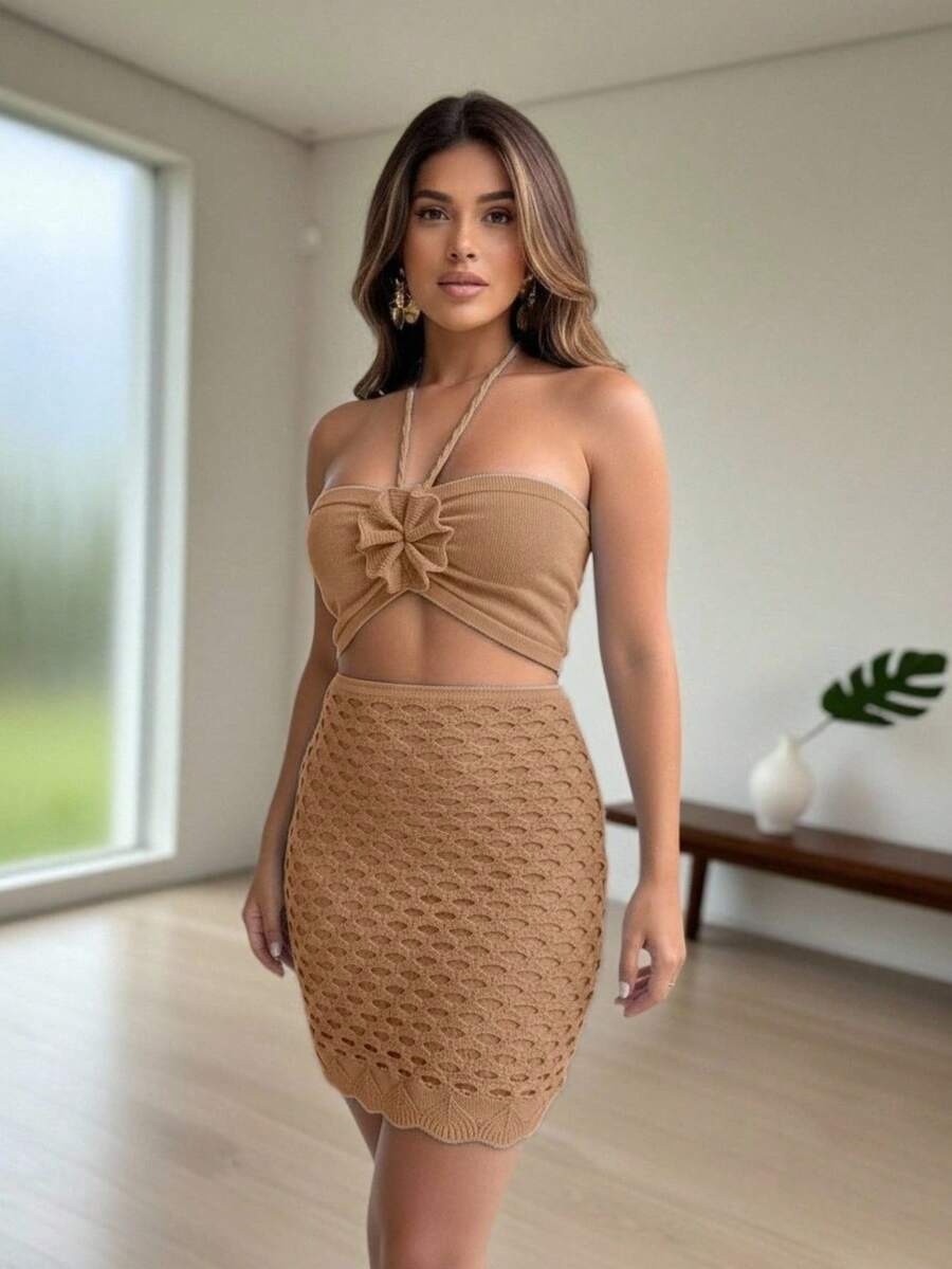 Modal Knit Cropped Top And Short Skirt Set - Elegant Summer Fashion - Telanjang - View 1