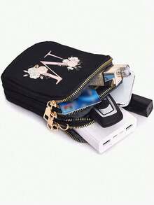1pc Fashion Elegant Minimalist A-Z Letter & Floral Pattern Nylon Zipper Closure Mini Crossbody Bag. Vertical Design With Coin Purse And Phone Pocket. Suitable For Daily Use Or Student Gift - Black - View 7