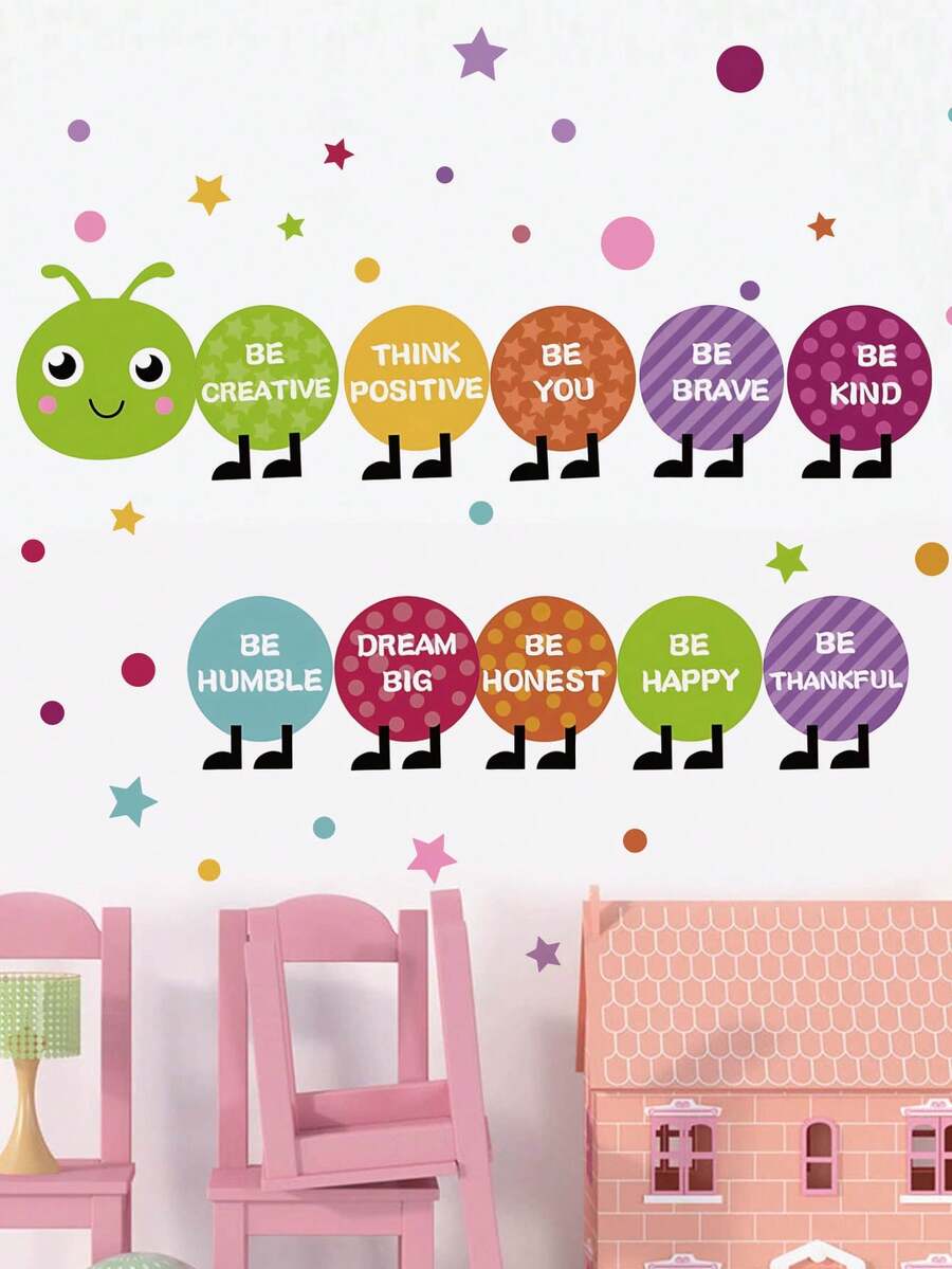 1片/2片装多尺寸PVC自粘可移除墙贴，可爱毛毛虫、字母、星星、彩色铅笔、吉他、麦克风装饰贴纸，适用于卧室、客厅、书房、餐厅、浴室、家居墙面装饰、房间装饰 - 彩色 - 查看 1