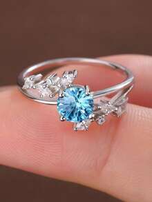 S925 Sterling Silver Four-Claw Zirconia Ring, Elegant Laurel Leaf Design - Blue and White - View 9