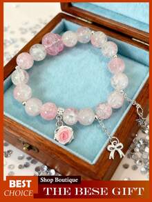 Crystal Beaded Bracelet For Women, Glass & Synthetic Crystal Bracelet, Elegant Adjustable Stretch Bracelet With  Flower Beads, Dainty Bohemian Beaded Jewelry Gift - Hồng - Xem 6