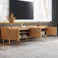 TV Unit, Lowboard With Structured Door, TV Cabinet, With Gold Handles And Gold Legs, 170 L X 35 W X 47.5 H (Cm) - Natural + MDF - View 4