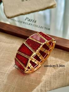 1pc Vintage Geometric Resin Inlaid Zinc Alloy Elastic Rope Bracelet For Women, Fashionable For Daily, Vacation, Party - Trapezoidal Micro-flash - View 5