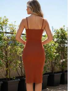 Strappy Dress With Slit, Ana Ruga Knit Fabric, Split Detail, Side Opening, Perfect For Weddings, Beach, Evenings, And Holidays. - Brown - View 4