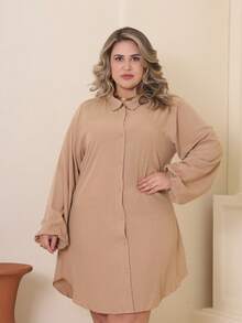Plus Size Viscose Shirt Dress, Elegant, Lightweight, All Curve - 裸體 - 查看 3