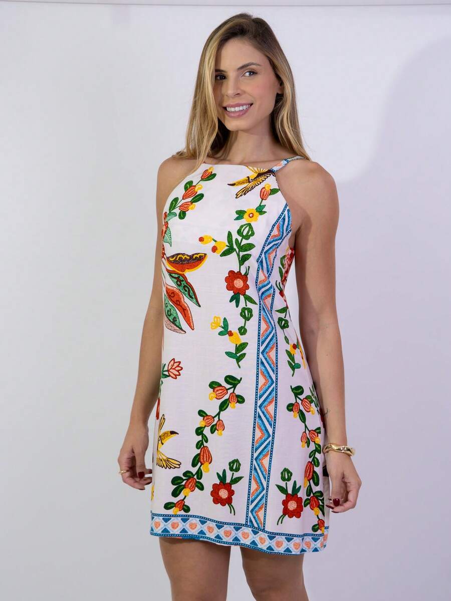 Short Dress With Zipper In The Back, Printed Summer Design. - Khaki - View 1