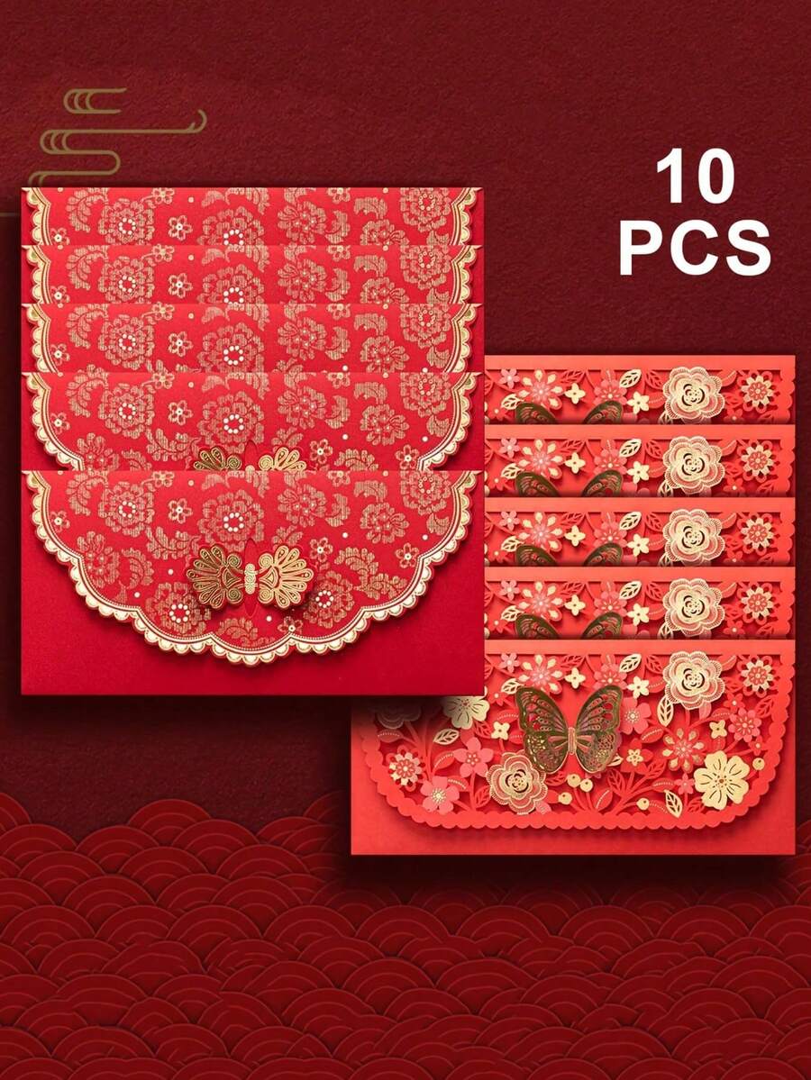 3/5/10个装中国风艺术红包，礼品红包，现金/礼金红包，花卉蝴蝶图案，哑光自封口 - 适用于婚礼、订婚、情人节、乔迁、农历新年、办公用品等场合，两种款式混装发货 - 彩色 - 查看 1