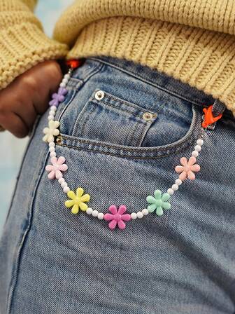 1 pieza Cadena de pantalón con dije de flor con cuentas linda, adecuada para vacaciones, cumpleaños, fiestas, uso casual, color aleatorio