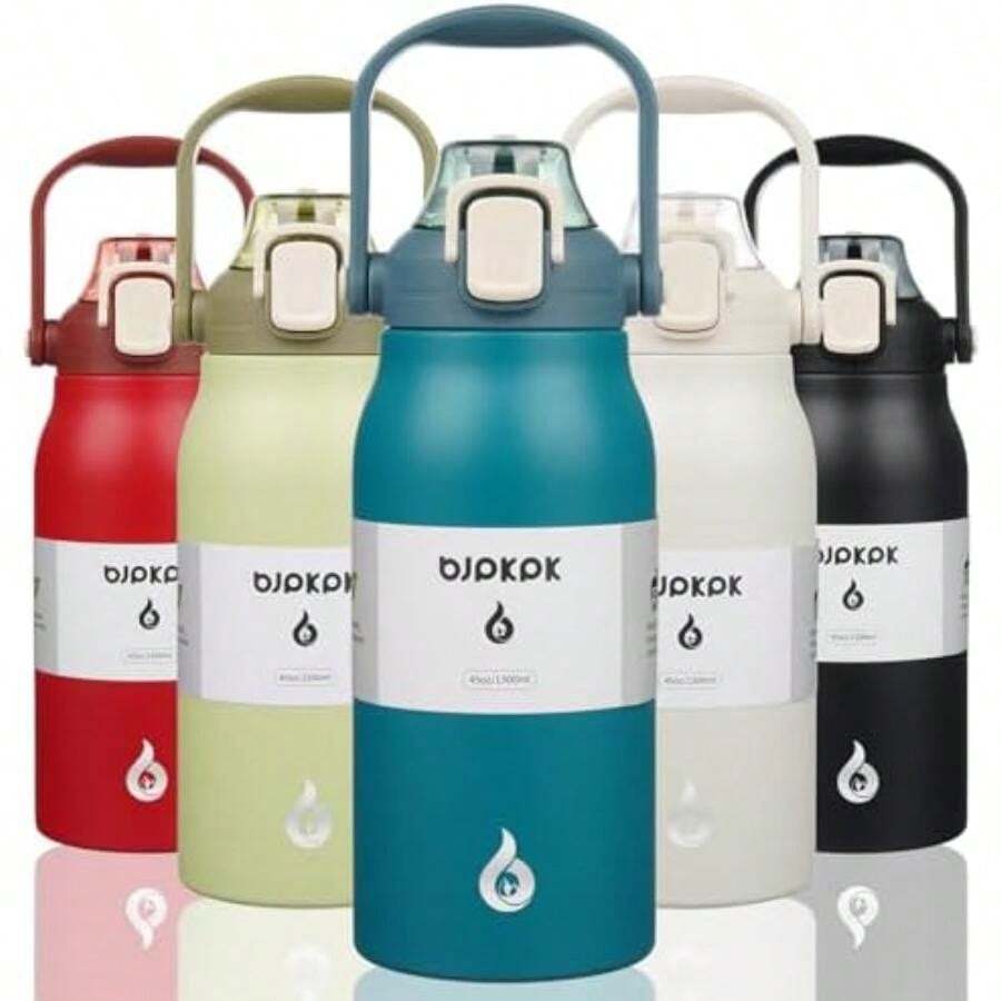 BJPKPK - Botellas de agua aisladas con pajita, 20 onzas lindas botellas de agua con asa, termo de metal de acero inoxidable sin , termo de fácil transporte para hombres y mujeres, color blanco(1.3 Litros Azul claro de 40 onzas) - Multicolor - Ver 1