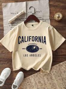 Tween 女童休闲趣味印花圆领短袖 T 恤，夏季上衣 - 杏色 - 查看 1