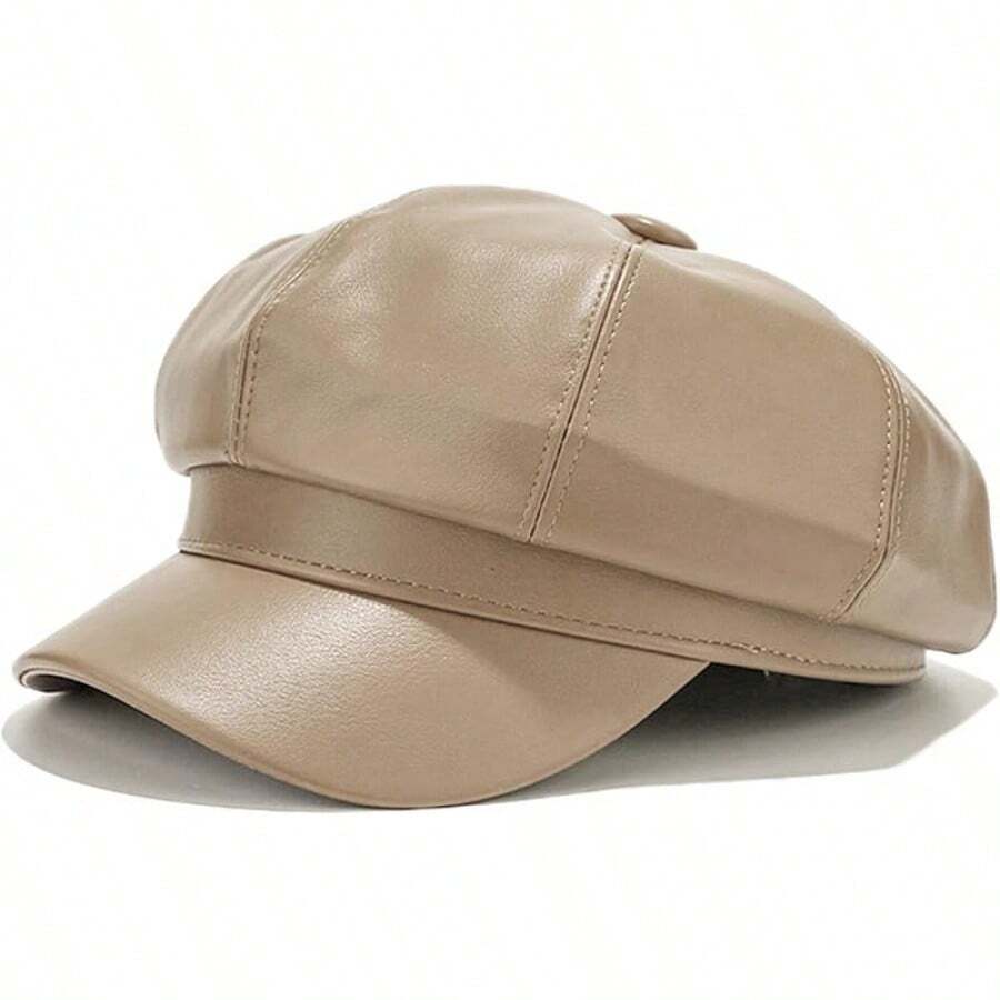 Women's PU Leather Newsboy Cap 8 Panel Paperboy Newsie Cap Bakerboy Beret Cabbie Hat, Fashionable Headwear - 卡其色 - 查看 1