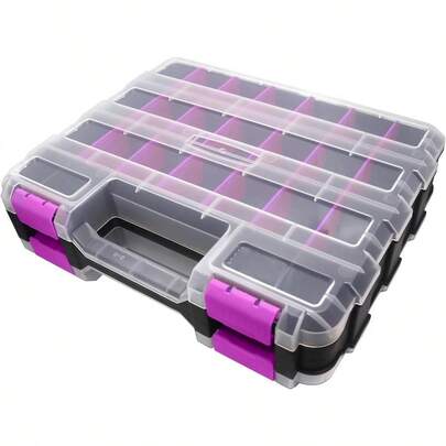 TYUI Tools Organizer Box Small Parts Storage Box 50-Compartment Double Side Hardware Organizers With Removable Plastic Dividers For Screws Nuts Nails Bolts Purple