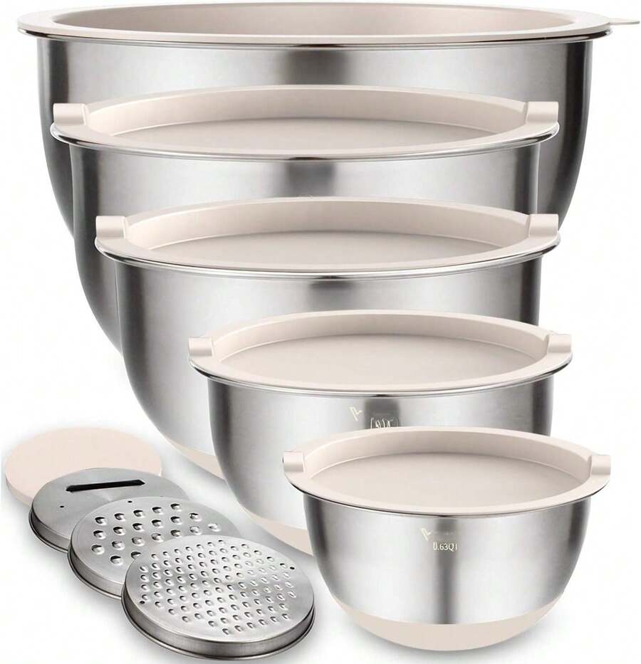Mixing Bowls With Airtight  Set, 5 Count Stainless Steel Khaki Nesting Bowls For Kitchen, With Grater Attachments & Non- Bottoms, Size 5, , 2, 1.5, 0.63 Qor Mixing & Serving - 卡其色 - 查看 1