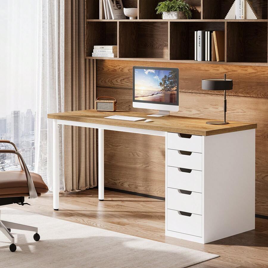 Tribesigns Modern Simple Computer Desk, 47 Inches PC Desk With 5 Reversible Drawers, Rustic Brown Study Writing Table Workstation For Home Office Small Spaces (Light Brown+White) - Light Brown & White - View 1