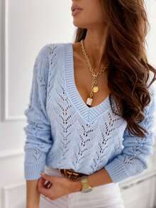 Women Regular Fit Long Sleeve Knitwear Pullover Sweater With Hollow Out Details And V Neckline