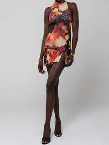 Women's High Neck Sleeveless Dress Stylish Dot/Solid/Floral Print Slit Hem Bodycon Mini Dress - 亮橙色 - 查看 4