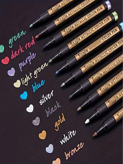 10pcs/Set Metallic Marker Pens - Waterproof, Assorted Colors, Medium Tip, Suitable For Plastic Surfaces, Can Be Used For Painting, Rock Crafts, Card Making, Scrapbooking And DIY Albums