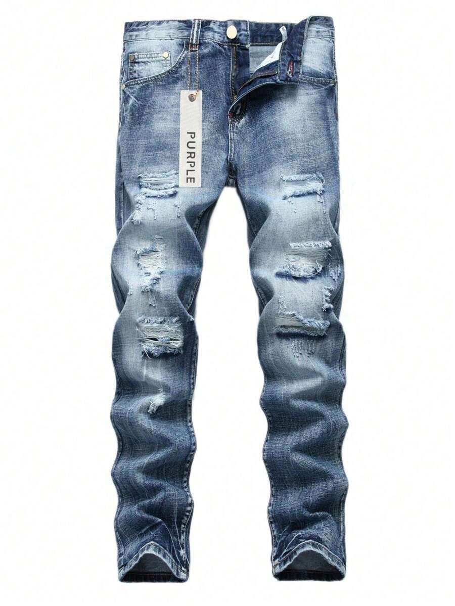 Men Plus Size Christmas Thanksgiving Day Jogger Straight Leg Slight Stretch Light Blue Ripped Skinny Jeans Fashion Cotton Distressed Denim Pants - 寶藍色 - 查看 1
