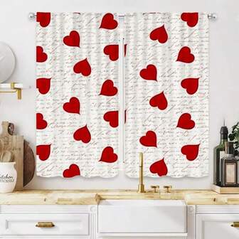 2pcs High Definition Digital Printed Curtains With White Background And Handwritten Red Heart Pattern Curtains, Suitable For Home Decoration Styles In Living Rooms And Bedrooms, Designed Specifically For Pole Mouth Curtains In Bedrooms And Study Rooms