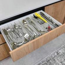 Organizador de cajones TYUI 15x3 - Bandeja de almacenamiento de plástico transparente resistente para cajones desordenados, utensilios de cocina, baño y organización de la despensa - Antideslizante - transparente - Ver 5