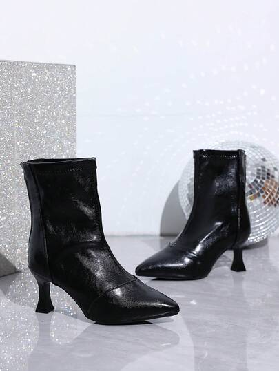 2025 Autumn/Winter New Fashion High Heel Ankle Boots For Women, French Retro Pointed Toe Leather Patchwork Stiletto Heel High-End Slim Boots, Zipper Back Elegant Versatile Ankle Boots