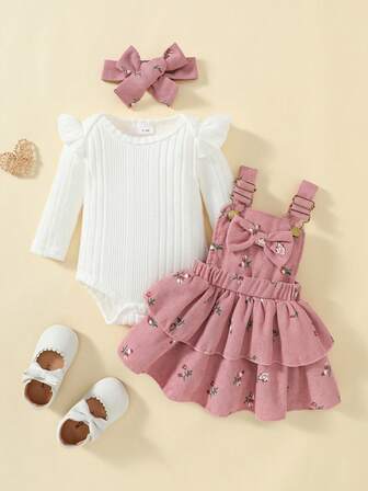 3pcs Baby Girls Spring/Autumn Outfit Set: White Ribbed Long Sleeve Bodysuit, Ditsy Floral Suspender Cake Skirt, Bow Headband, Cute Casual Wear