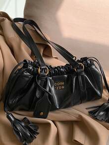 复古纯色PU皮女士包，褶皱单肩腋下包，抽绳束口，轻便通勤双提手云朵包，秋冬款 - 黑色 - 查看 11