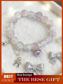 Crystal Beaded Bracelet For Women, Glass & Synthetic Crystal Bracelet, Elegant Adjustable Stretch Bracelet With  Flower Beads, Dainty Bohemian Beaded Jewelry Gift - 紫色 - 查看 5