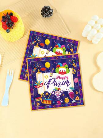 24 piezas de 33*33CM/12.99*12.99IN Servilletas con tema de Purim - Payaso colorido "Feliz Purim" Letra + Patrón de explosión de estrellas, Material de papel, Ambiente festivo de celebración, Adecuado para el festival de Purim, fiesta de vacaciones, eventos temáticos y uso diario