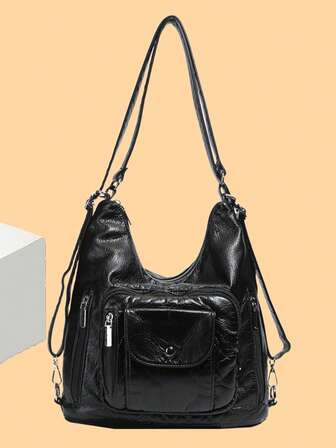 Fashionable Solid Color Retro Multipocket Elegant Backpack & Shoulder Bag, Versatile For Casual, Travel