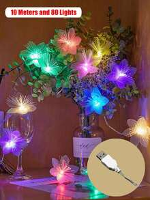 10 英尺 20 个 LED 光纤花串灯，适用于婚礼、节日、圣诞装饰、家居装饰、派对，暖白/多色可选，USB 或电池供电（不含电池） - 彩色 - 查看 18