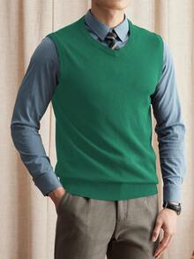 Áo vest len cổ chữ V nam, màu trơn, kiểu dáng cổ điển, ôm sát, đa năng, tay dài. - xanh quân đội - Xem 3