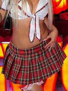 Minigonna plissettata a vita bassa con stampa a quadri all-over in stile Y2K preppy, con pantaloncini di , adatta per Ognissanti, Natale e festival