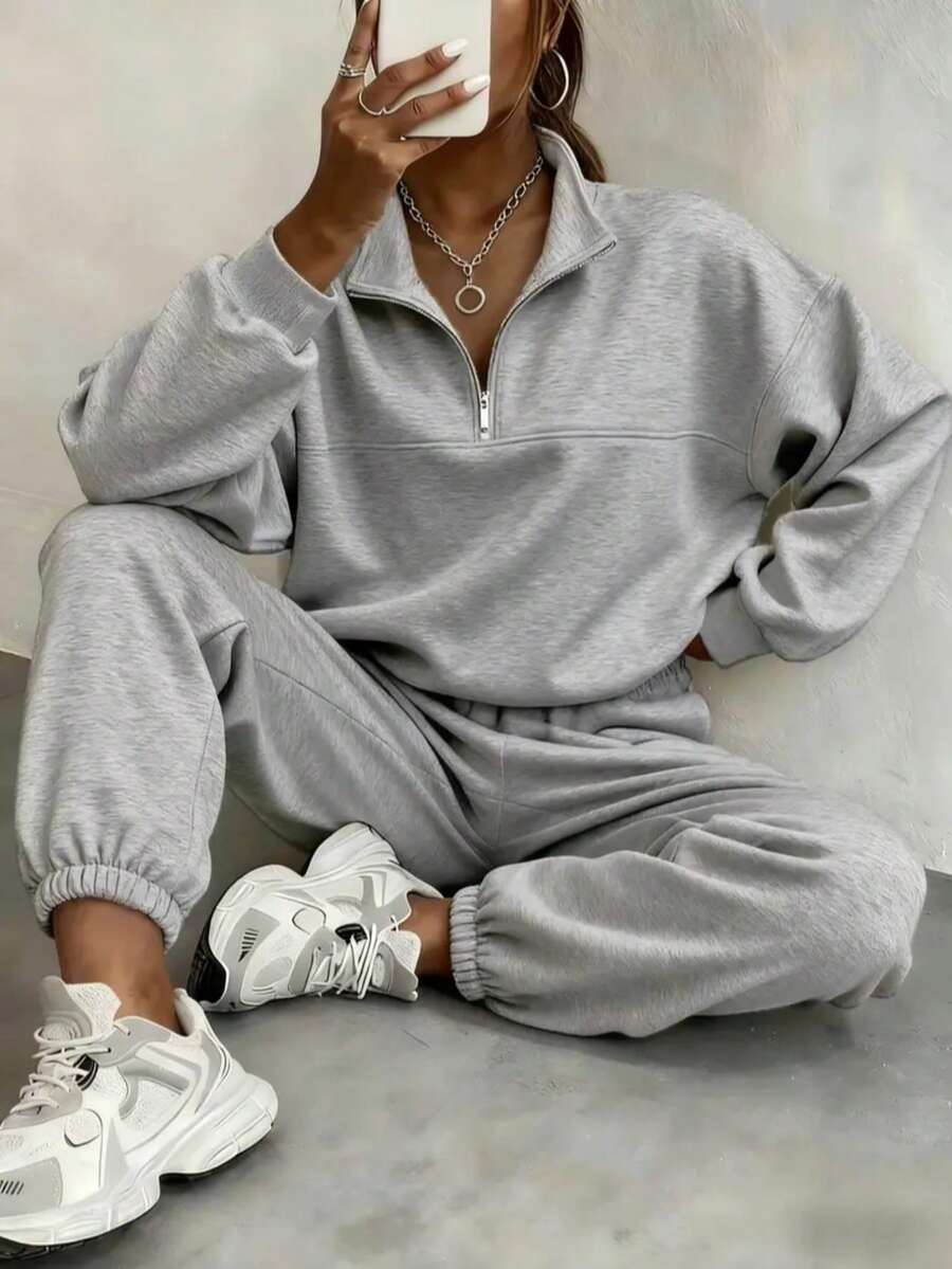 Women's Fleece-Lined Two-Piece Tracksuit - Loose Fit Autumn Casual Wear, Comfortable Sporty And Relaxed Style, Suitable For Loungewear (Multiple Colors) - 灰色 - 查看 1