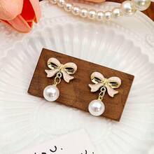 Bow Earrings For Women  Sparkly Rhinestone Chain Tassel Earrings Cute Ribbon Stud Earring Daily Party Jewerly Gifts Christmas Stocking Stuffers - C2: Pink Bow Pearl Earrings Gol - View 5