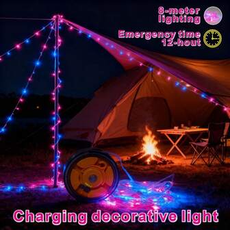 1串RGB+暖光露营灯串，USB充电，8种灯光模式（常亮/流水/派对），带挂钩的便携式帐篷灯，适用于户外、室内、露营、圣诞节、婚礼、生日等场合——是露营爱好者的理想礼物，也是露营配件和节日装饰的理想之选。灯串表面光滑，采用耐用塑料外壳。