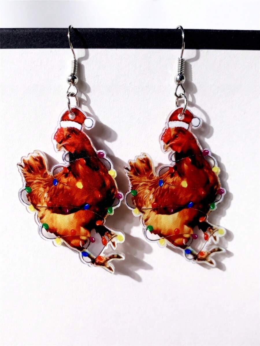 2 peças/1 par de brincos de acrílico com estampa de animais e chapéu de Natal divertido e iluminado, perfeitos para mulheres, ideais para uso diário e festas. Ideais para o dia a dia e ocasiões especiais.
