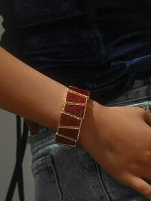 1pc Vintage Geometric Resin Inlaid Zinc Alloy Elastic Rope Bracelet For Women, Fashionable For Daily, Vacation, Party - Trapezoidal Micro-flash - View 2
