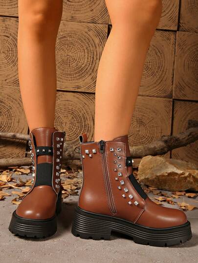 2.5" Thick Sole Square Heel Ankle Boots For Petite Women, Side Zipper, Rhinestone Decor, Warm & Fashionable For Coats, Autumn/Winter 2025