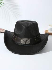 1pc Unisex Unisex Cattle Head & Belt Decor Handmade Wide Brim Panama Hat PU Cowgirl Hat Cowboy Hat Western Suitable Soft Felt Hat Fedora Hat For Outdoor - màu đen - Xem 2