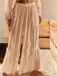 Womens Pajama Set Lace 2 Piece Lounge Sets Long Sleeve Shirts And Wide Leg Pants Vintage Pj Sets Sleepwear - Màu Hồng baby - Xem 4