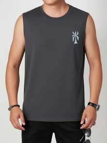 男士度假字母和棕榈树印花圆领休闲背心 - 深灰色 - 查看 3