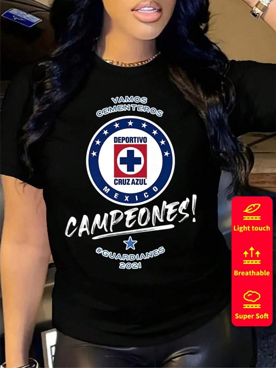 Camiseta de manga corta para mujer, cuello redondo, holgada, casual y versátil, nuevo estampado de CEMENTO CRUZ AZUL, ideal como capa base, tejido suave con buena caída - Negro - 4 - Ver 1
