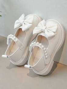 1pair Fashionable & Cute Bowknot PU Pearl Hook And Loop Slip-Resistant Durable Shoes For Girls, Suitable For Outdoor, Daily, Party, And School Wear In Spring And Autumn - White - View 2