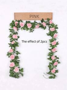 2 件装人造悬挂玫瑰花藤，春季婚礼花环，情人节装饰，仿丝绸玫瑰常春藤带绿叶，适用于家居、墙面、卧室、花园、派对餐桌中心装饰，室内外皆宜