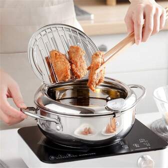 1pc Japanese Tempura Stainless Steel Frying Pan With Lid And Oil Filter Rack, Temperature Control Oil And Water Separation Frying Pan, Outdoor Frying And Accessories, Replacement Parts