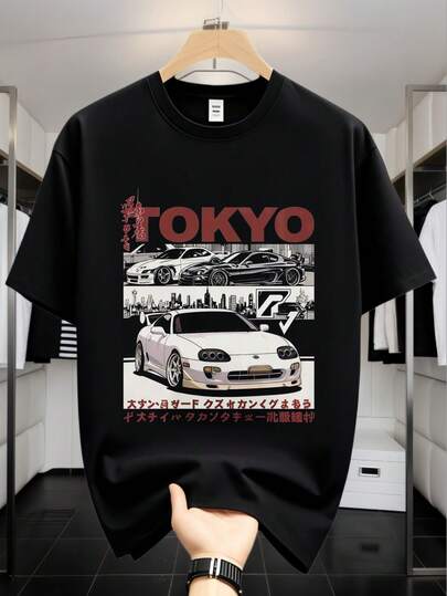 Men's Graphic T Shirt, Tokyo Car Print, Streetwear, Oversized Fit, 100% Cotton, Casual Fall And Winter, Men Gifts, Sports, Soft Breathable Fabric, Youth Fashion