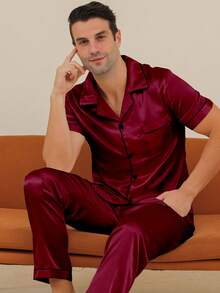 Two Pieces Sets Men's Pajamas With Open Button Top And Pants Set - Burgundy - View 4