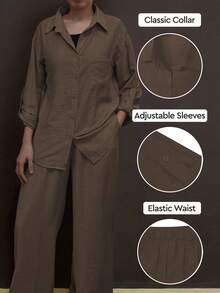 Plus Size Spring/Summer/Autumn Polo Collar Casual Cardigan, Versatile Solid Color Elegant Blouse Top, Exclusive For Vacation & Commute, Soft & Comfortable Fabric, Elastic Waist Loose Pants, Arabic Style 2 Pieces Set - Coffee Brown - View 2