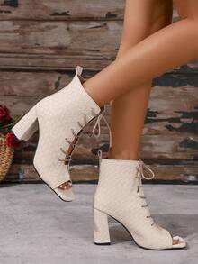 Beige Woven Textured Open Toe Lace-Up Adjustable Chunky Heel Elegant Versatile Office Commute Daily Fashion Women Boots Boots, Spring/Summer - Beige - View 7